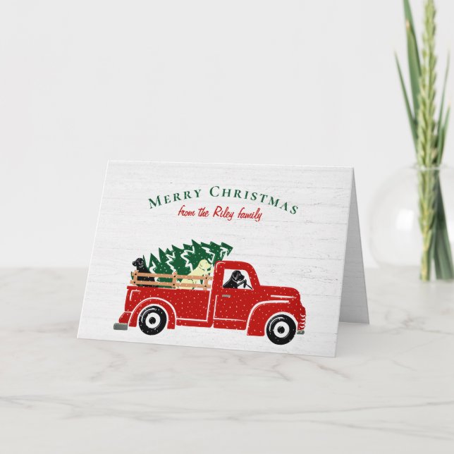 Labrador Dogs In Red Christmas Truck Holiday Card (Front)