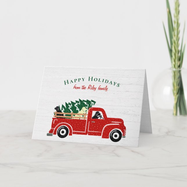 Labrador Dogs In Red Christmas Truck  Holiday Card (Front)