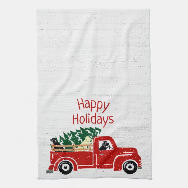 Labrador Dogs In Red Christmas Truck Kitchen Towel (Vertical)