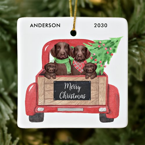 Labrador Dogs Puppy Vintage Red Truck Christmas Ceramic Ornament