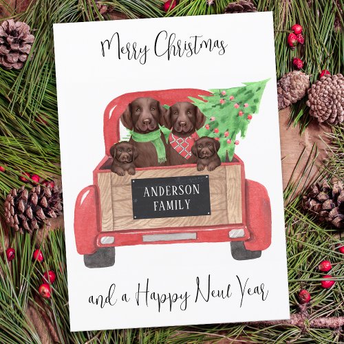 Labrador Dogs Vintage Red Truck Merry Christmas Holiday Card