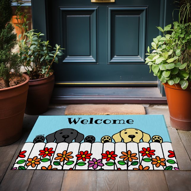 Labrador Duo Watching You Welcome Doormat (Labrador Duo Watching You Welcome Doormat.  Black Lab and Yellow Lab.  Cute Cartoon Design.)