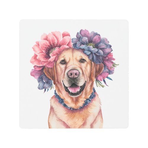 Labrador Flower Crown Watercolor Metal Print