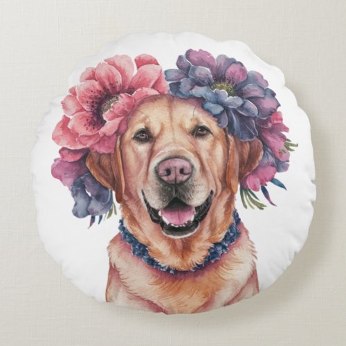 Labrador Flower Crown Watercolor Round Pillow