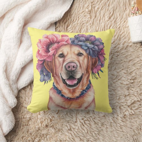 Labrador Flower Crown Watercolor Throw Pillow