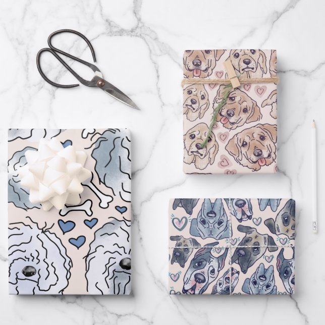 Labrador, Great Dane, Bearded Collie hand-drawn Wrapping Paper Sheets (Front)