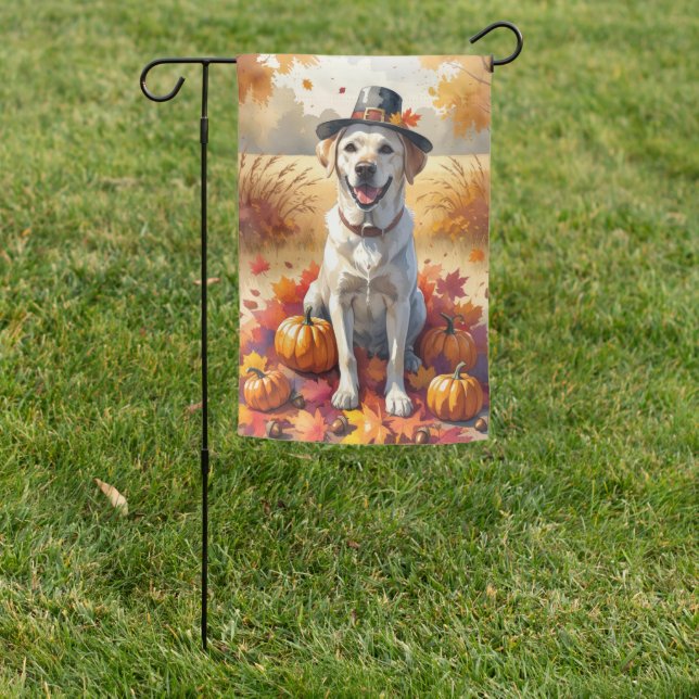 Labrador In Autumn Leaves Thanksgiving Art Garden Flag (In SItu)