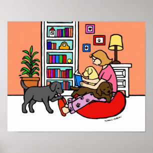 Labrador Mom Reading Cartoon Poster
