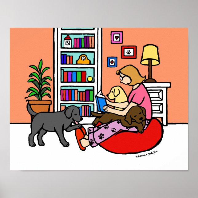 Labrador Mom Reading Cartoon Poster (Front)