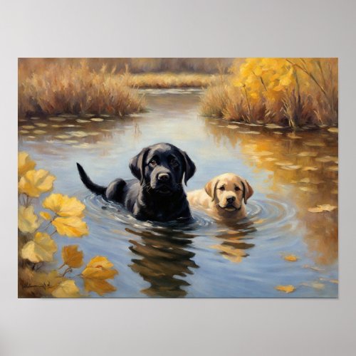  Labrador pup and big sister play in the water Poster