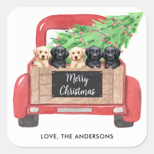 Labrador Puppies Dog Red Christmas Truck Holiday  Square Sticker