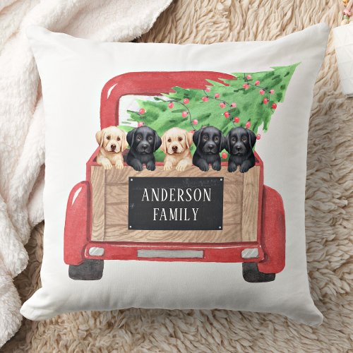 Labrador Puppies Dog Red Truck Christmas Holiday Throw Pillow