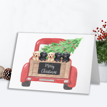 Labrador Puppies Dog Vintage Red Christmas Truck Holiday Card by BlackDogArtJudy at Zazzle