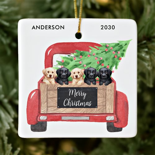 Labrador Puppies Dogs Vintage Red Christmas Truck  Ceramic Ornament