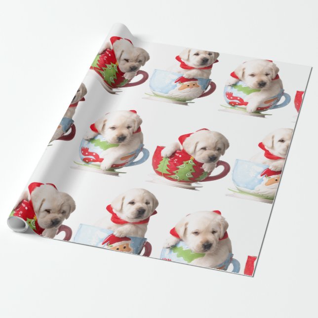 LABRADOR PUPPIES IN A CUP CHRISTMAS GIFT WRAPPING WRAPPING PAPER (Unrolled)