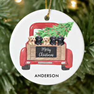 Labrador Puppies Personalized Red Christmas Truck Ceramic Ornament