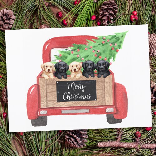 Labrador Puppies Personalized Red Christmas Truck Holiday Card