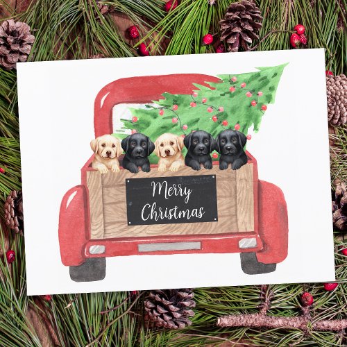 Labrador Puppies Personalized Red Christmas Truck Holiday Postcard