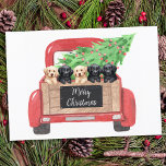 Labrador Puppies Personalized Red Christmas Truck  Note Card<br><div class="desc">Send christmas greetings this holiday season with this black and yellow labrador retriever puppies in a watercolor design. This black labrador holiday card features five labrador pups in a watercolor red christmas truck with holiday tree. Personalize with greeting front adn message back.. This black labrador christmas card will be a...</div>