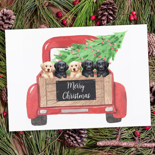 Labrador Puppies Personalized Red Christmas Truck  Note Card