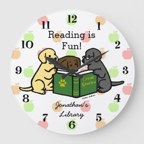 Labrador Puppies Reading Cartoon Large Clock
