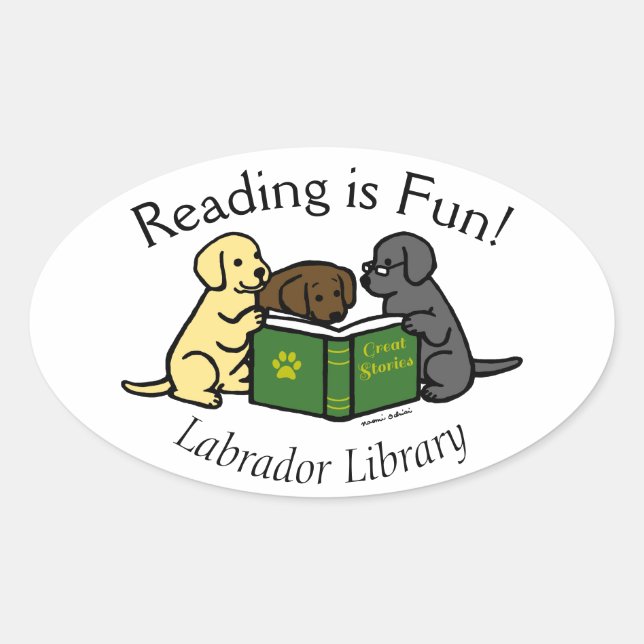 Labrador Puppies Reading Cartoon Oval Sticker (Front)
