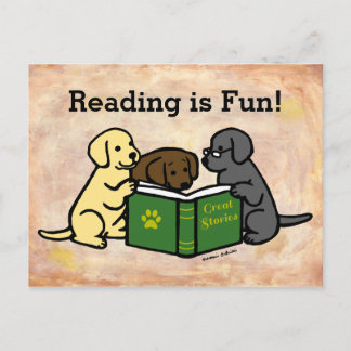 Labrador Puppies Reading Cartoon Postcard