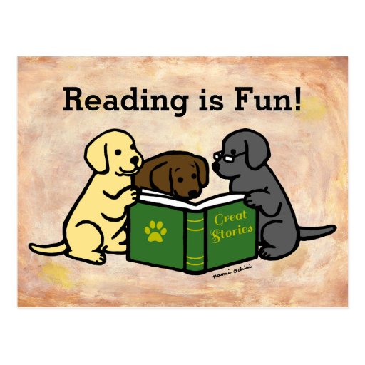 Labrador Puppies Reading Cartoon Postcard 