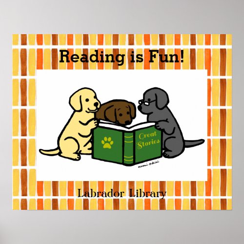 Labrador Puppies Reading Cartoon Poster