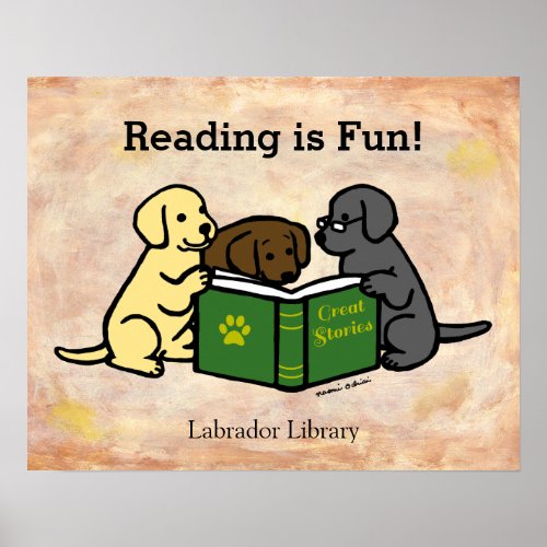 Labrador Puppies Reading Cartoon Poster