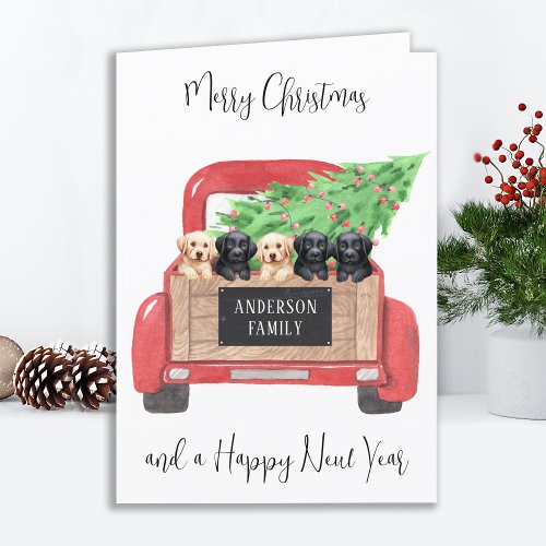 Labrador Puppies Vintage Red Truck Merry Christmas Holiday Card