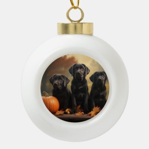 Labrador Puppy Autumn Delight Pumpkin  Ceramic Ball Christmas Ornament