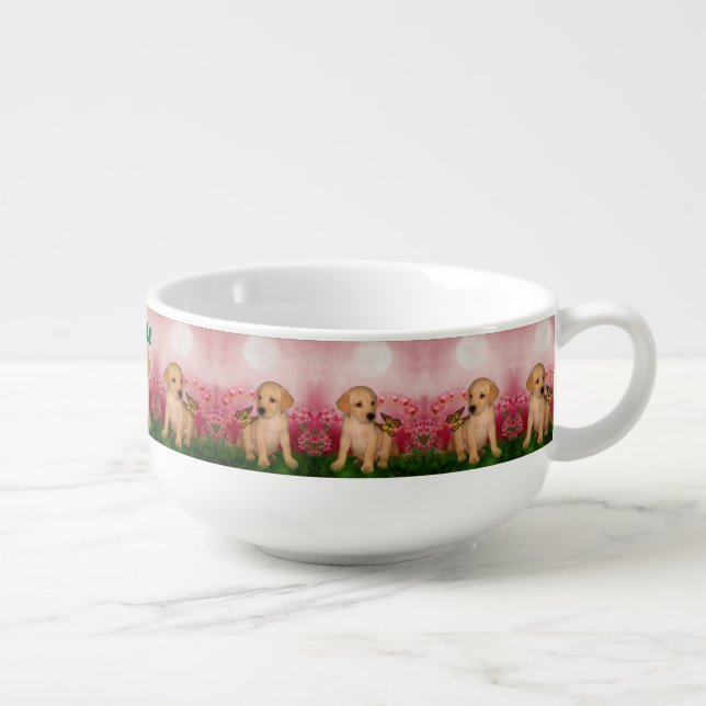 Labrador Puppy Butterfly Dog Art Personalized Soup Mug (Left)