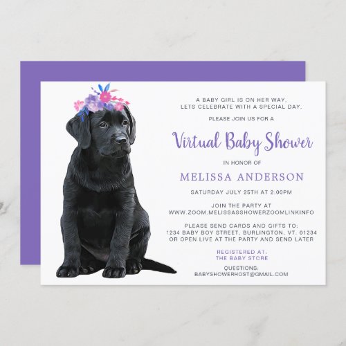 Labrador Puppy Dog Purple Girl Virtual Baby Shower Invitation