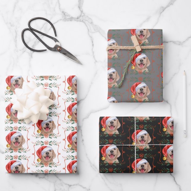Labrador Puppy Dog Santa Christmas Wrapping Paper Sheets (Front)