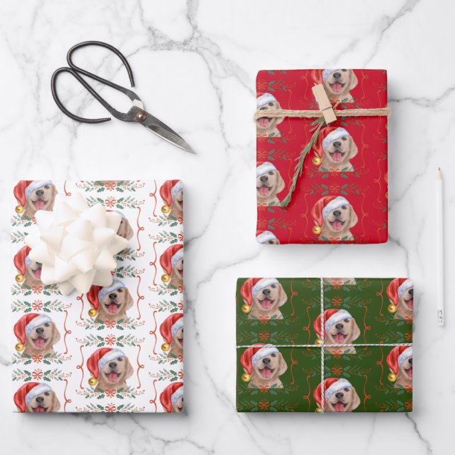 Labrador Puppy Dog Santa Christmas Wrapping Paper Sheets (Front)