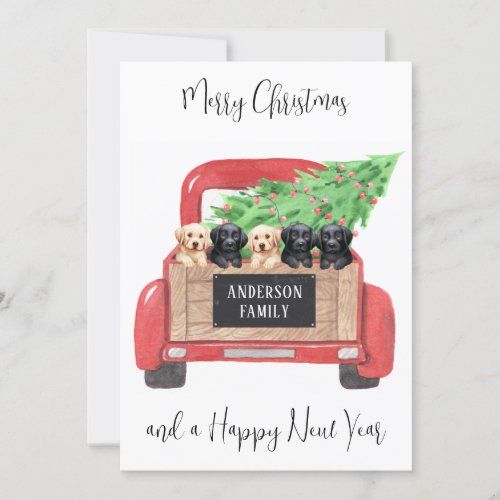 Labrador Puppy Dogs Red Truck Merry Christmas  Holiday Card