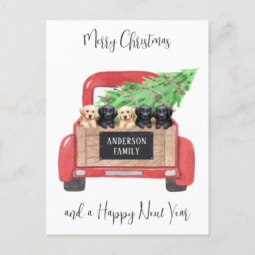Labrador Puppy Dogs Red Truck Merry Christmas Holiday Postcard