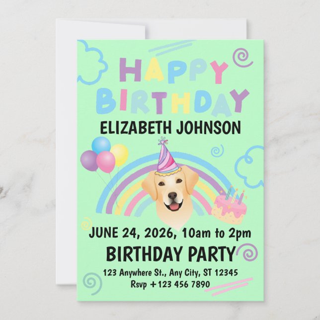 Labrador Retriever Birthday Invitation Green (Front)