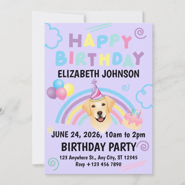 Labrador Retriever Birthday Invitation Purple (Front)