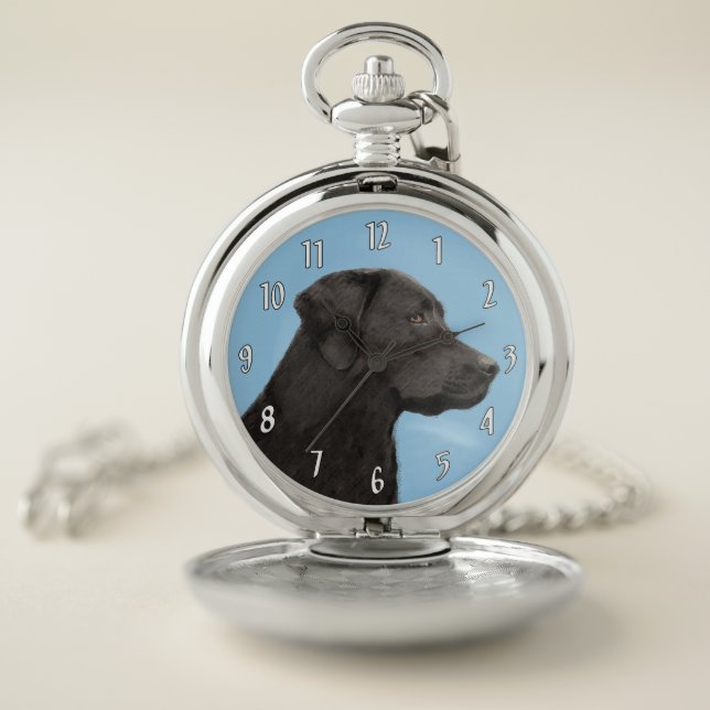 Labrador Retriever Black Painting Original Dog Art Pocket Watch (Inside)