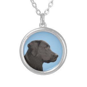 Labrador Retriever Black Painting Original Dog Art Silver Plated Necklace