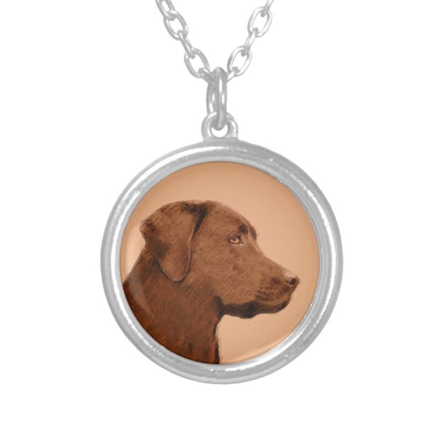 Labrador Retriever (Chocolate) Painting - Dog Art Silver Plated Necklace (Front)