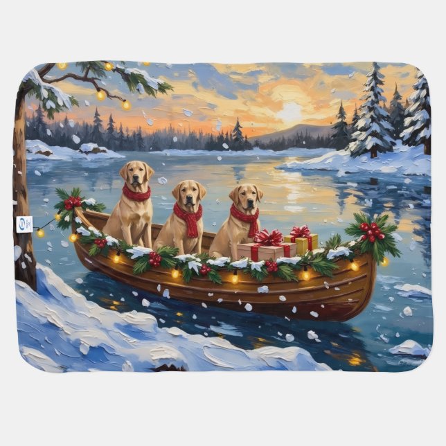 Labrador Retriever Christmas Boat Holiday Baby Blanket (Back Horizontal)