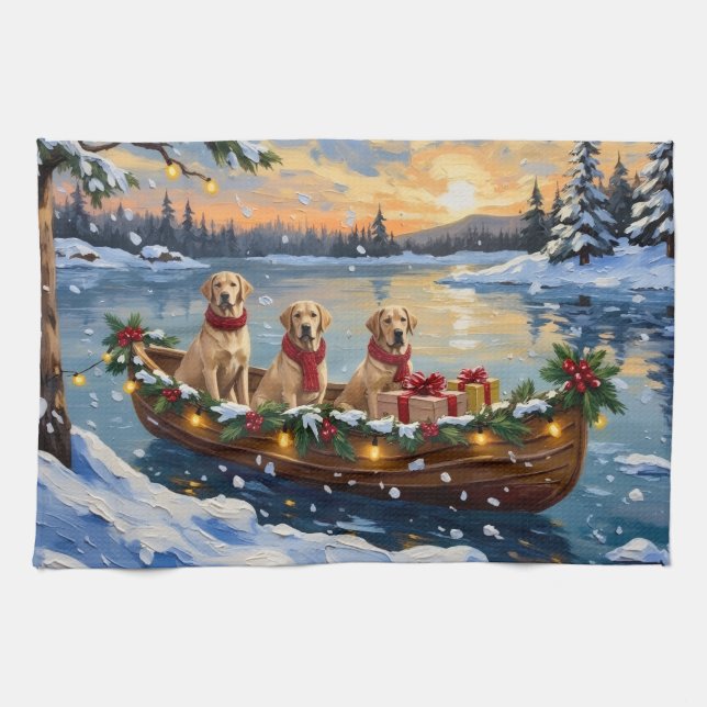 Labrador Retriever Christmas Boat Holiday Kitchen Towel (Horizontal)