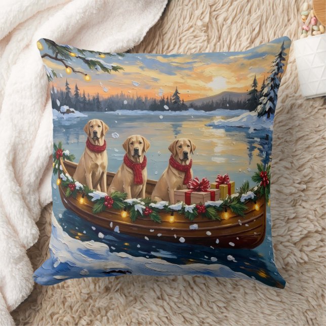 Labrador Retriever Christmas Boat Holiday Throw Pillow (Blanket)
