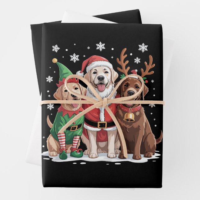 Labrador Retriever Christmas Dogs Santa Reindeer Wrapping Paper Sheets (In situ)