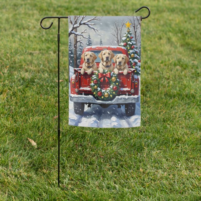 Labrador Retriever Christmas Red Truck Holiday Garden Flag (In SItu)