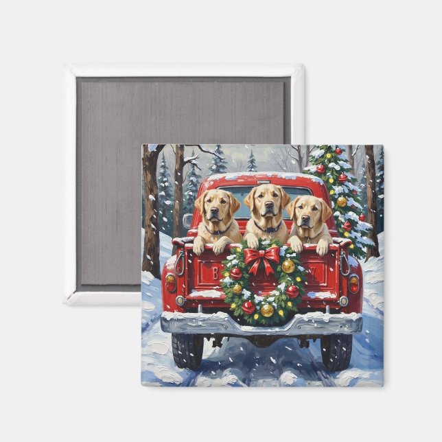 Labrador Retriever Christmas Red Truck Holiday Magnet (Front/Back)