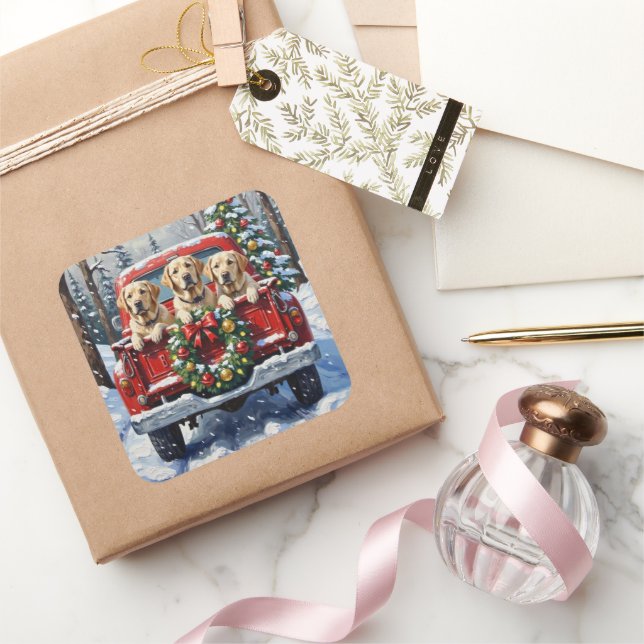 Labrador Retriever Christmas Red Truck Holiday Square Sticker (Gifting)